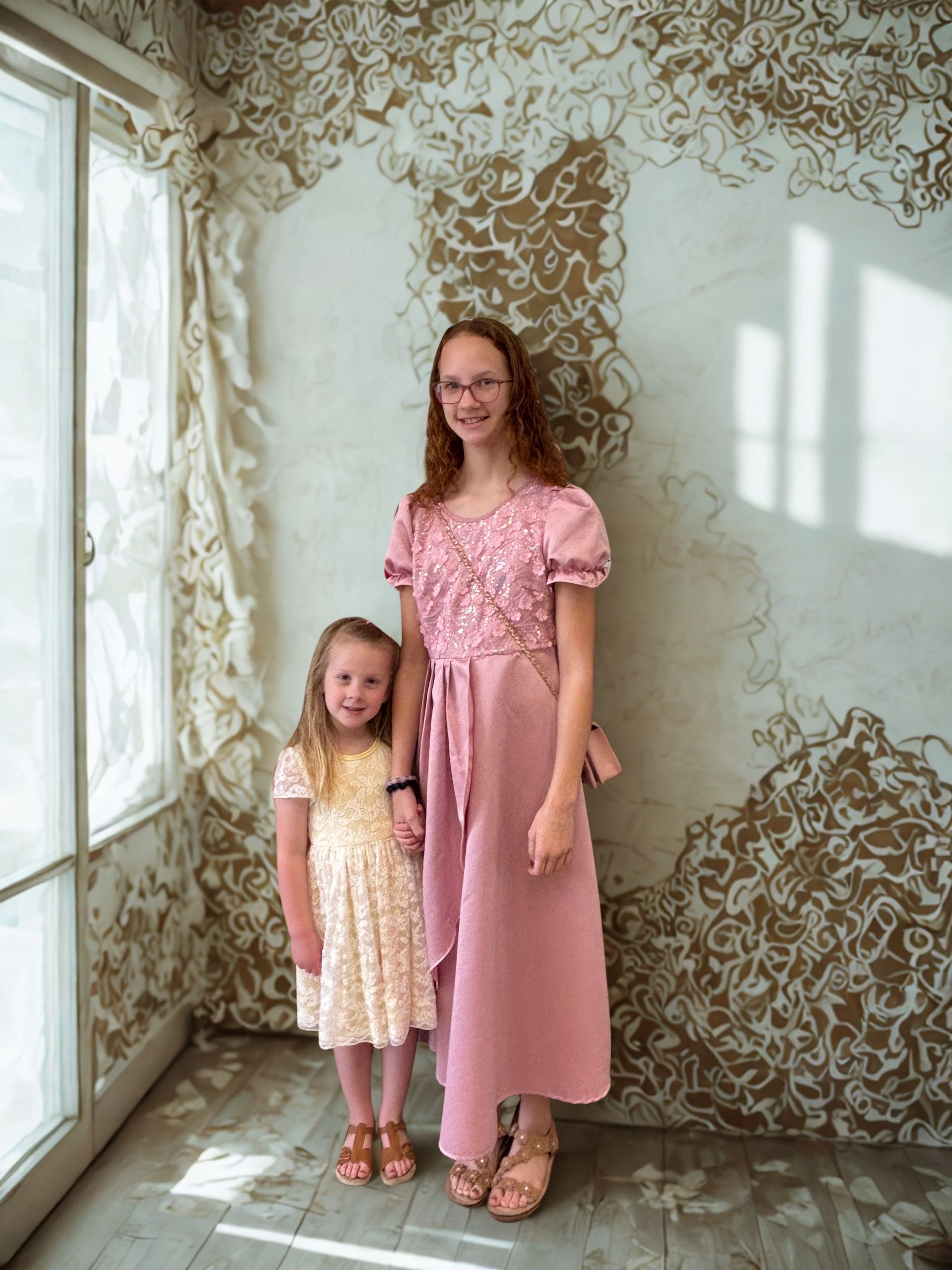 two girls standing by window dressed up