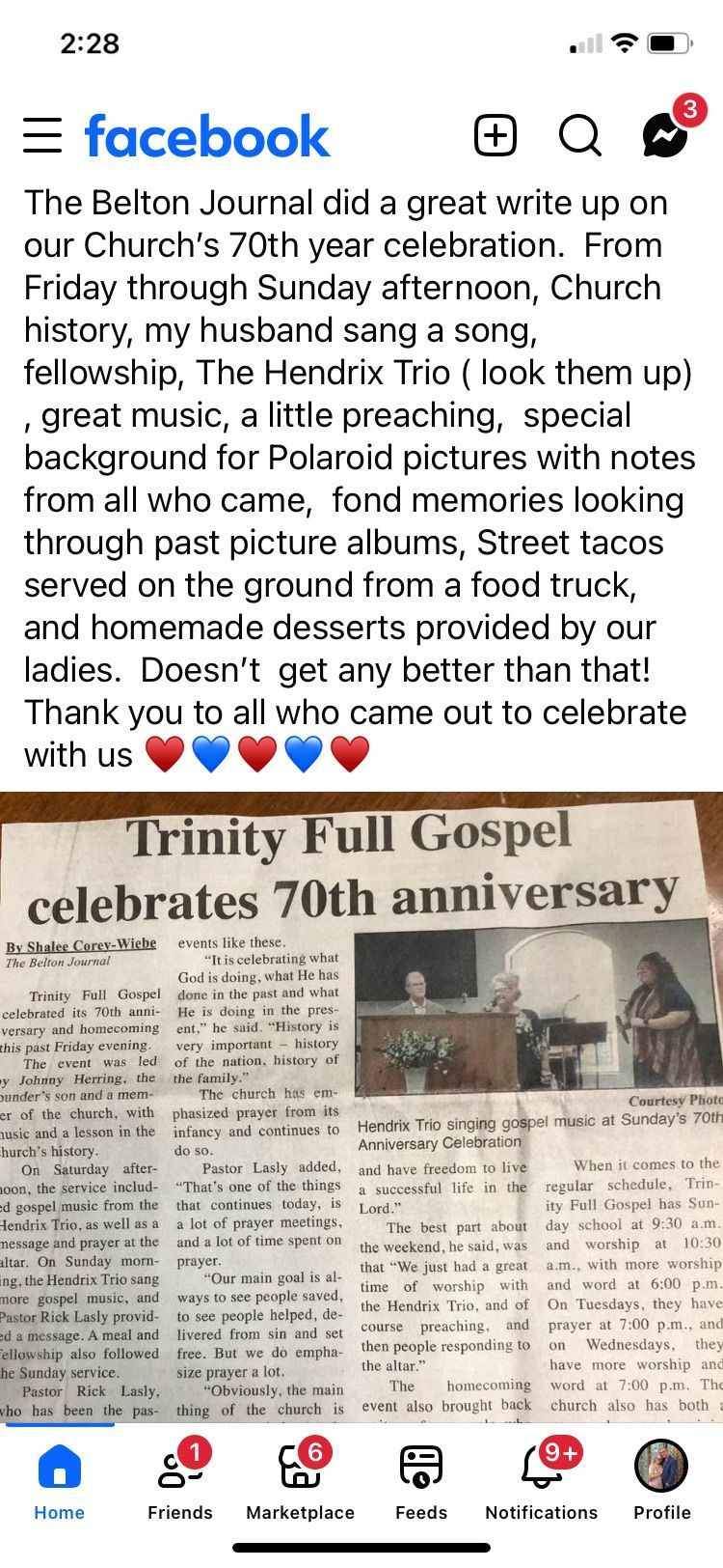 Facebook post showing a screenshot of a newspaper clipping titled “Trinity Full Gospel celebrates 70th anniversary”