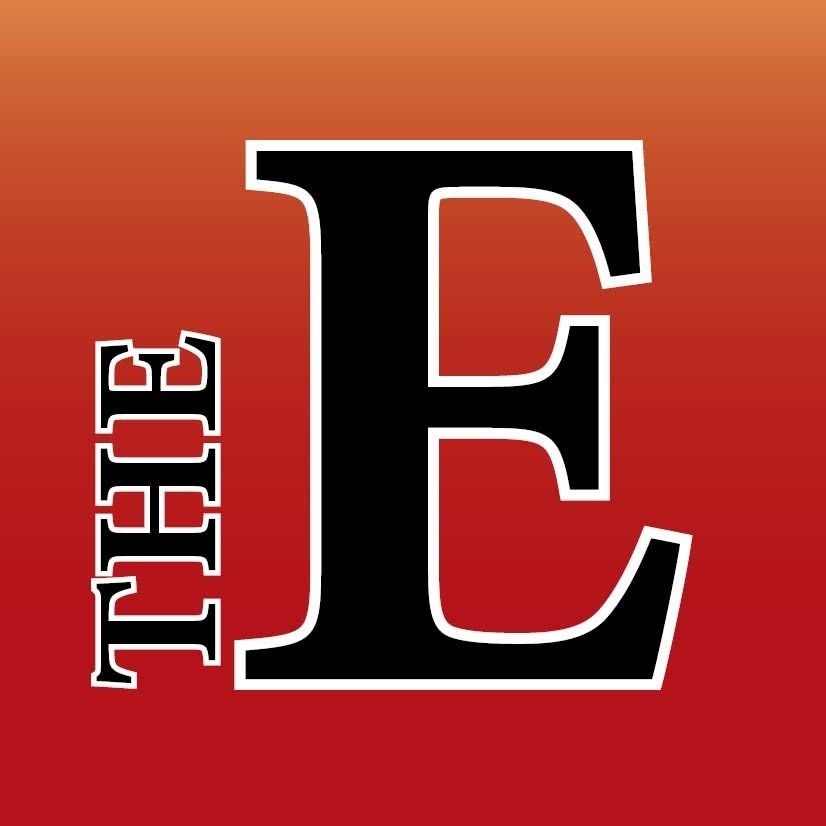 Red background with a large black-and-white “E” and the word “THE” stacked vertically on the left.