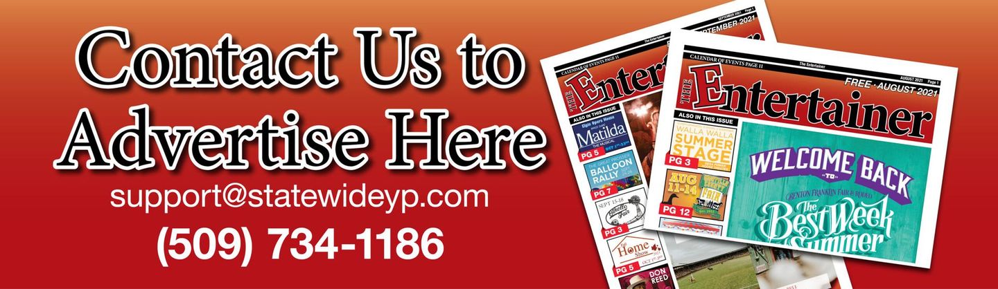 Contact Us to Advertise Here on a red banner with colorful flyer examples and a phone number