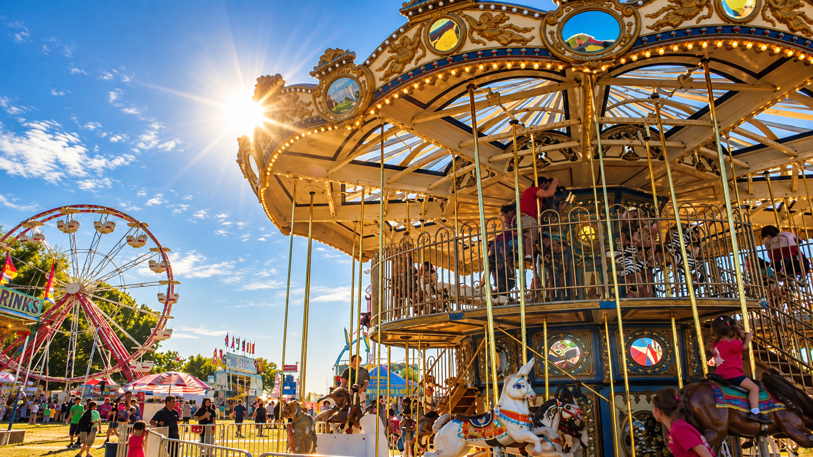Sunlit carnival carousel with ornate gold horses and colorful fairground rides under a blue sky