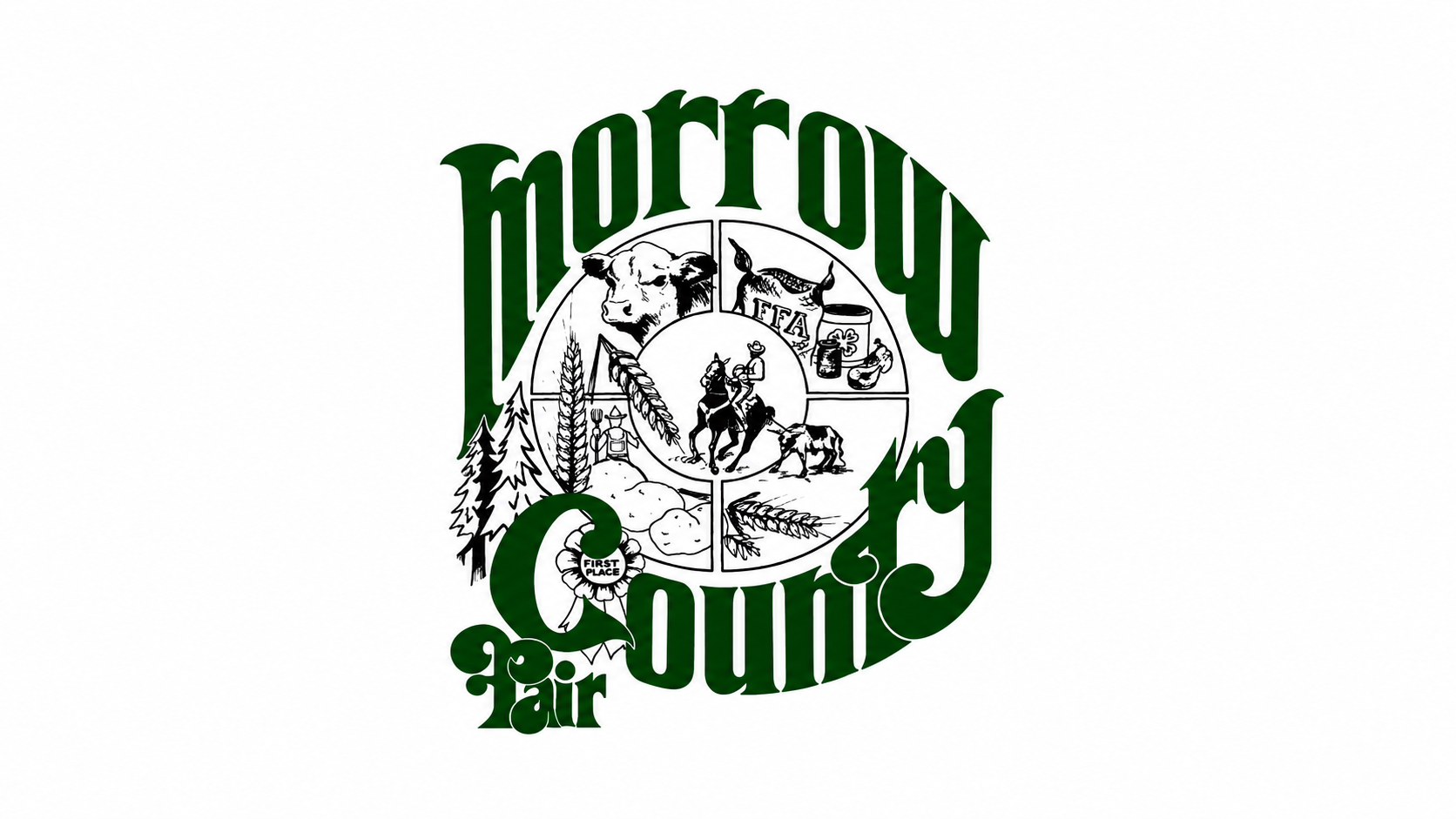 Green “Morrow County Fair” logo with a cowboy riding a horse in the center