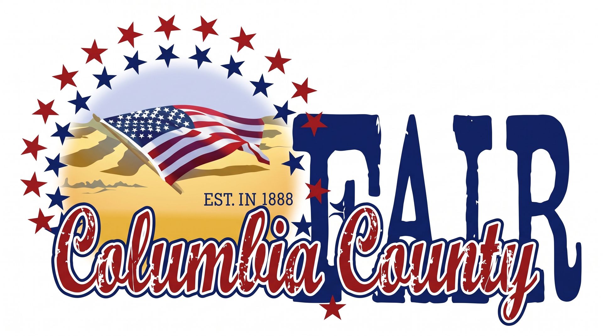 Columbia County Fair logo with stars, waving U.S. flag, and red-blue text on white background