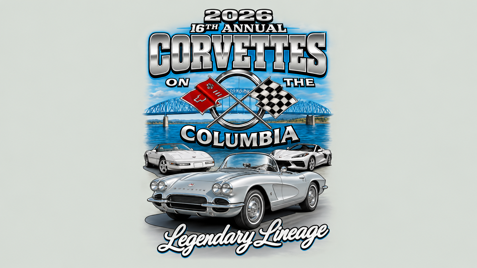 2026 Corvette Show poster with a silver sports car and blue skyline, “The Columbia” and “Legendary Garage” text