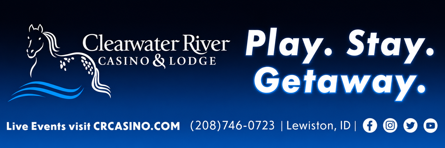 Clearwater River Casino & Lodge ad with “Play. Stay. Getaway.” on a blue banner