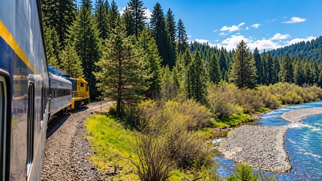 Train curving along a river through a pine forest under a blue sky