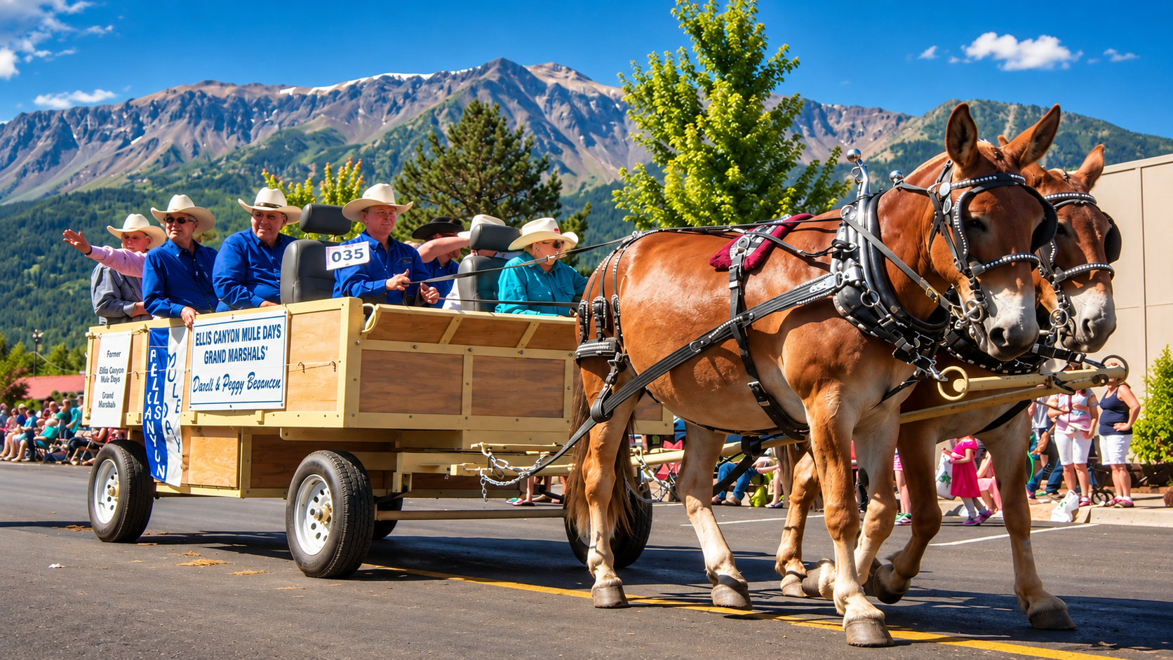 Horse-drawn wagon carrying passengers in a mountain parade on a sunny day