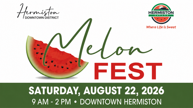 Melon Fest event poster with watermelon slice, green and red text, Saturday, August 22, 2026 in downtown Hermiston
