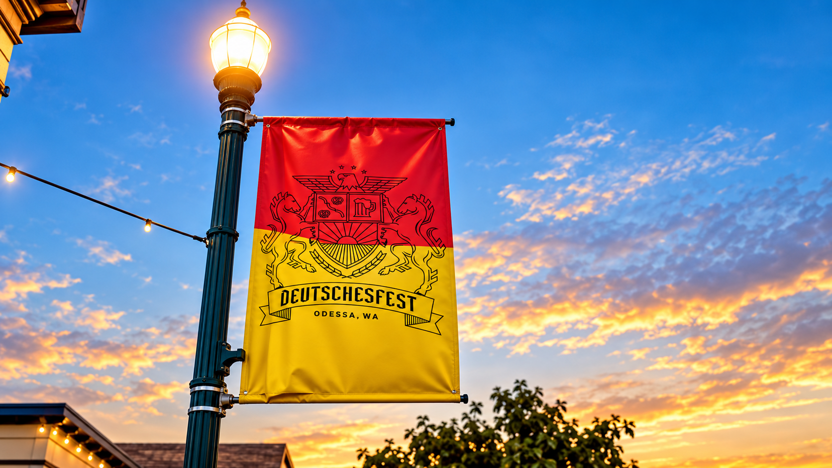 Red-and-yellow banner on a lamppost against a sunset sky.