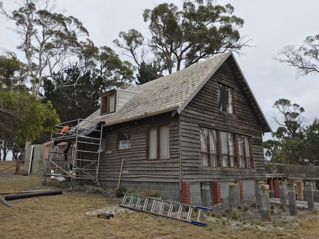 Old weathered wooden cabin with scaffolding and ladder in a wooded area