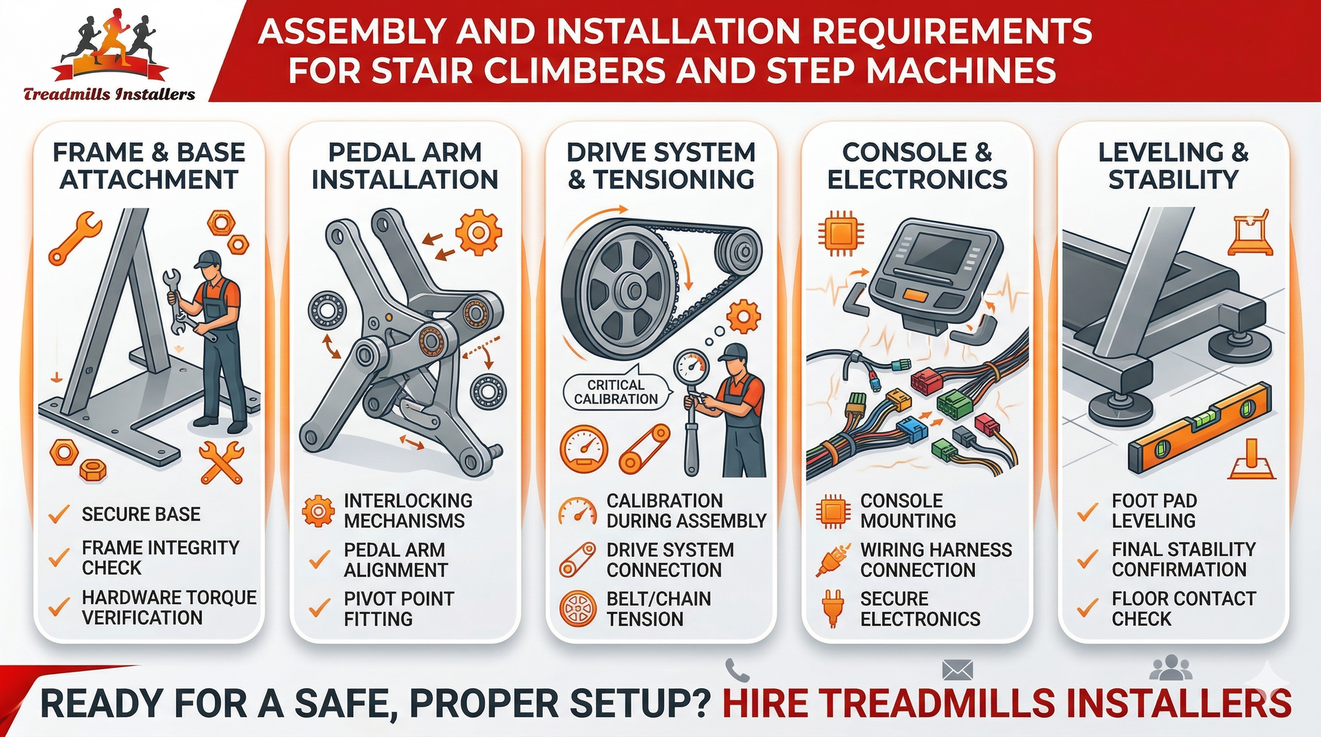 Infographic showing five steps for installing stair climbers and step machines, ending with a call to hire professionals.