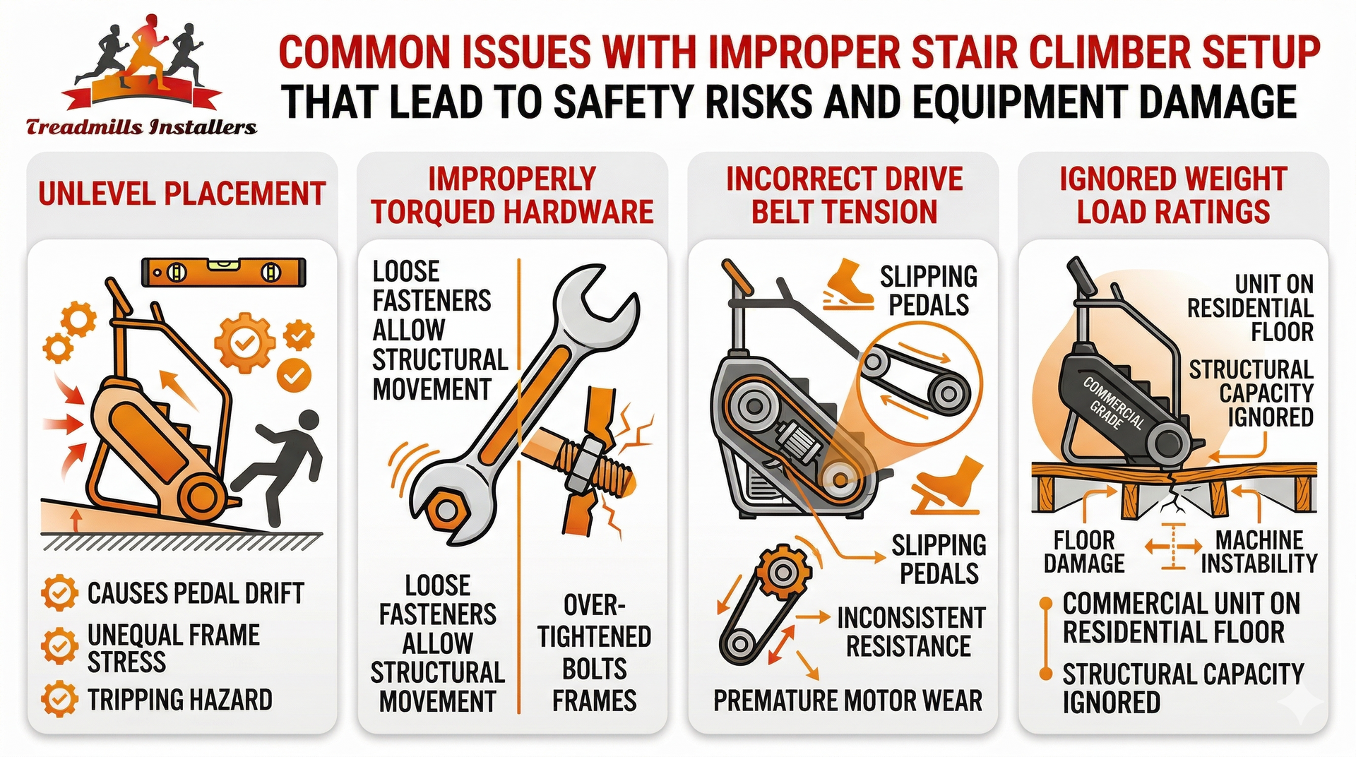 Infographic listing four common stair climber setup errors that cause safety risks and equipment damage.