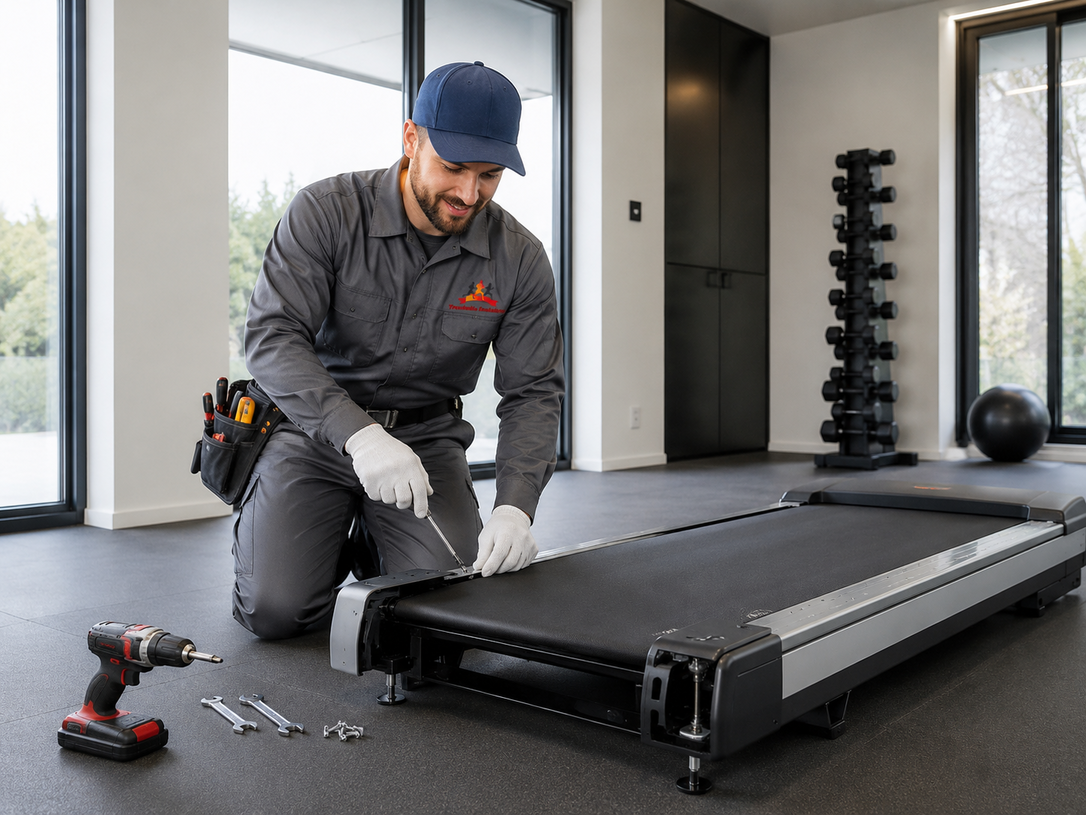 Worker assembling a treadmill in a bright home gym, with tools on the floor.