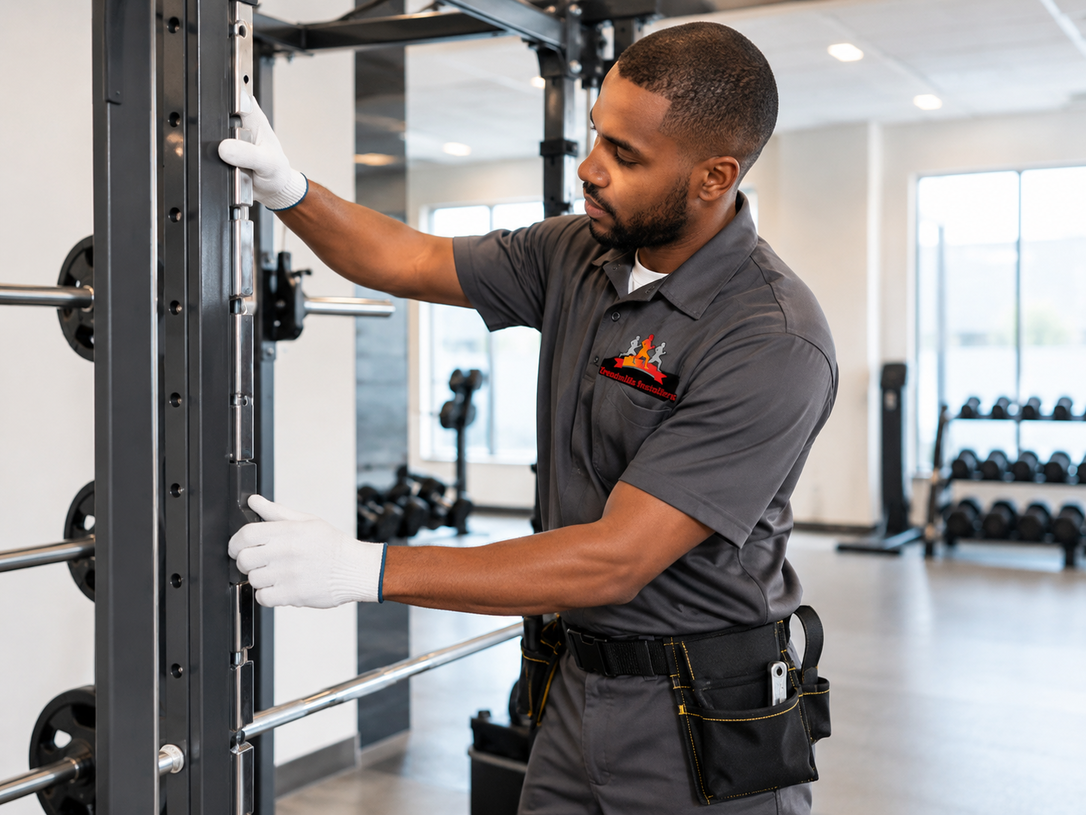 Technician in gray uniform adjusting a cable machine in a bright gym.