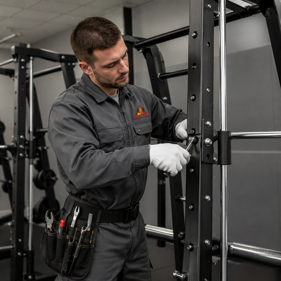 Technician adjusting equipment in a gray gym, wearing a work uniform and white gloves.