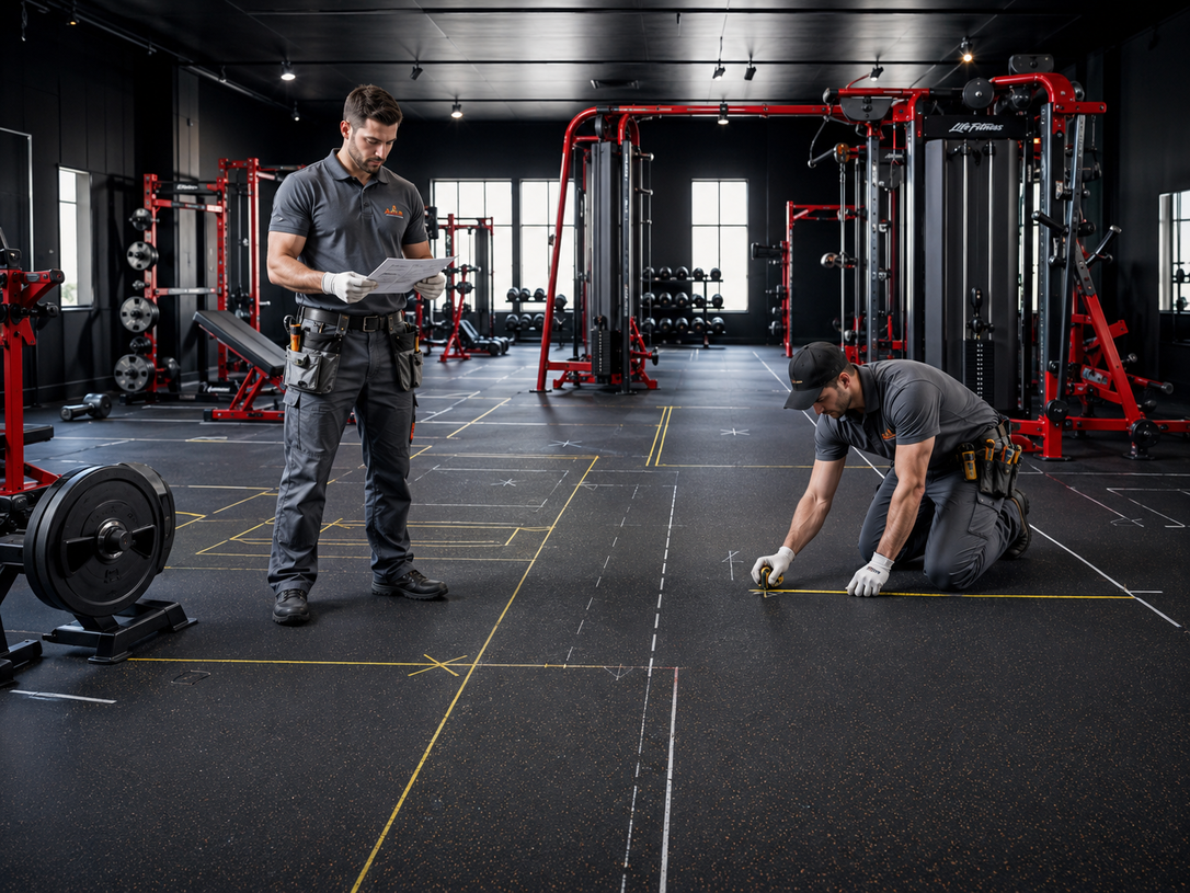 Two people working out in a dark gym with red equipment, one standing with a clipboard and one kneeling to clean the floor