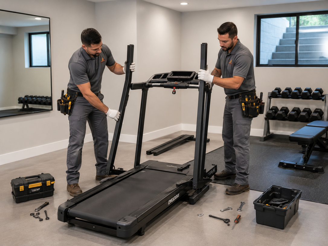 Two workers assembling a treadmill in a gym room, with tools and dumbbells nearby.