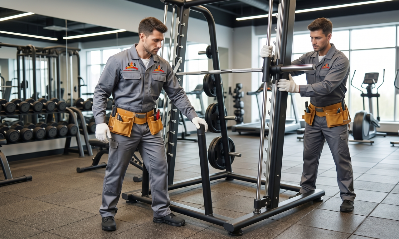 Two workers assembling a metal frame in a gym, with weights and mirrors in the background