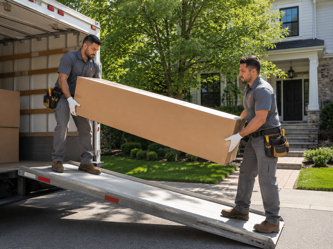 Two movers carrying a long cardboard box from a truck in a suburban driveway.