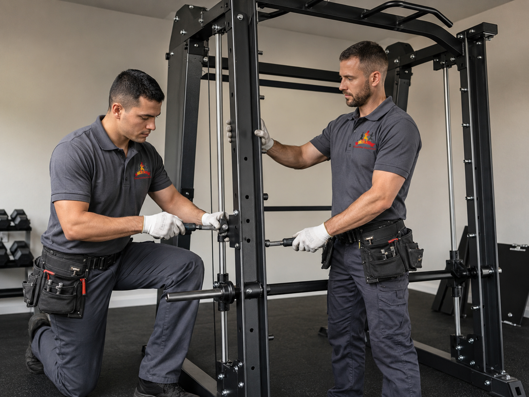 Two technicians assembling a black cable machine in a gym, wearing gray uniforms and white gloves.