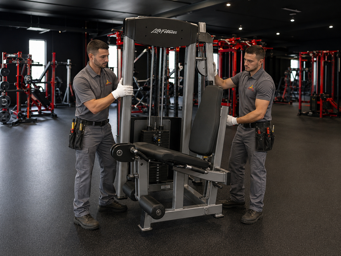 Two men adjusting a gray weight machine in a modern gym with black and red equipment