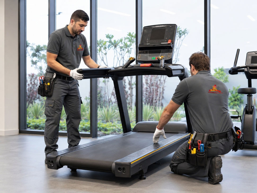 Two technicians assembling a treadmill in a bright gym showroom