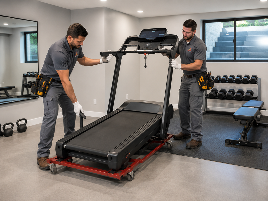 Two technicians assembling a treadmill in a bright gym with dumbbells and a bench nearby.