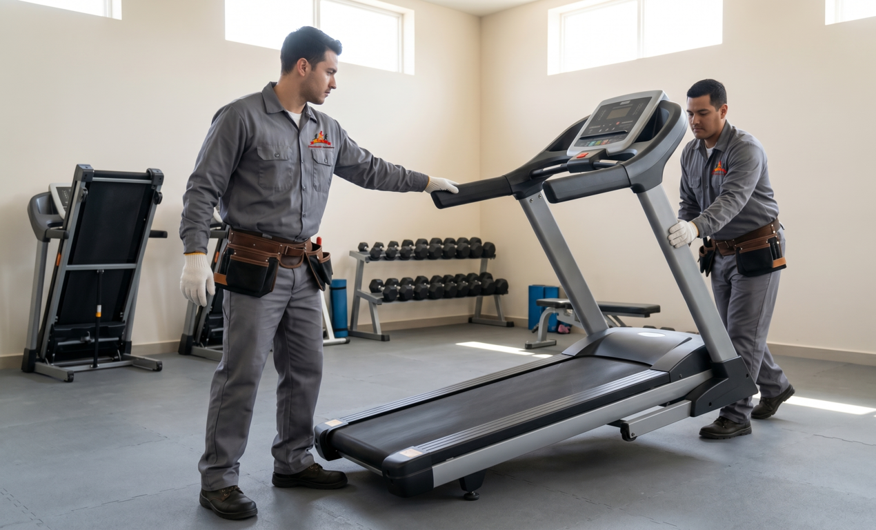 Two workers moving a treadmill in a gym, with dumbbells and other equipment in the background.