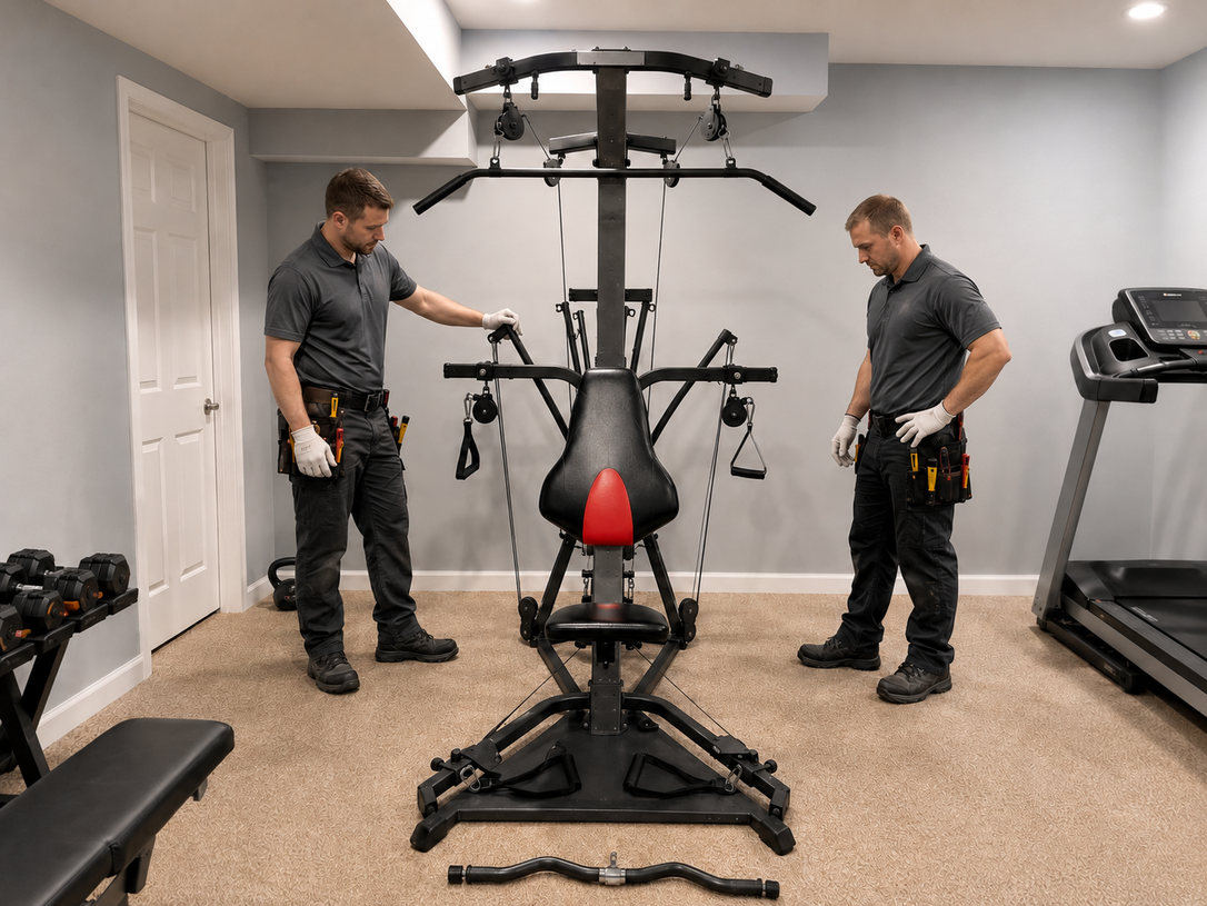 Two workers assembling a black home gym machine in a carpeted room