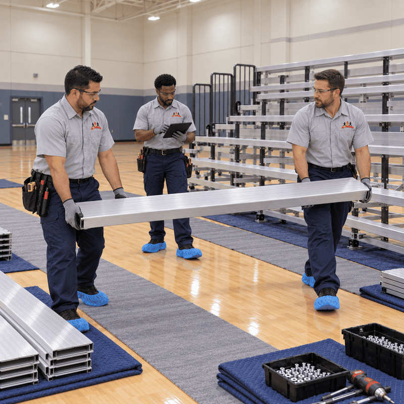 Three workers in a gymnasium carrying a long metal beam during assembly setup