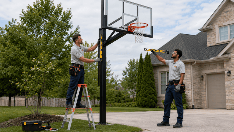 Two men assemble a basketball hoop in a suburban driveway, one on a ladder and one holding the pole.