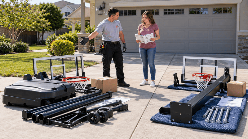 Technician and homeowner comparing portable and in-ground basketball hoop systems in a residential driveway