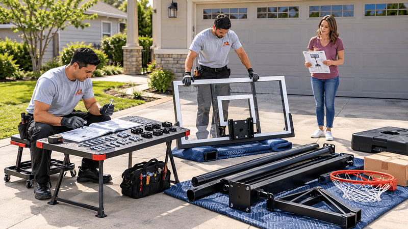 Technicians organizing basketball hoop hardware and checking the backboard before installation while the homeowner provides model details