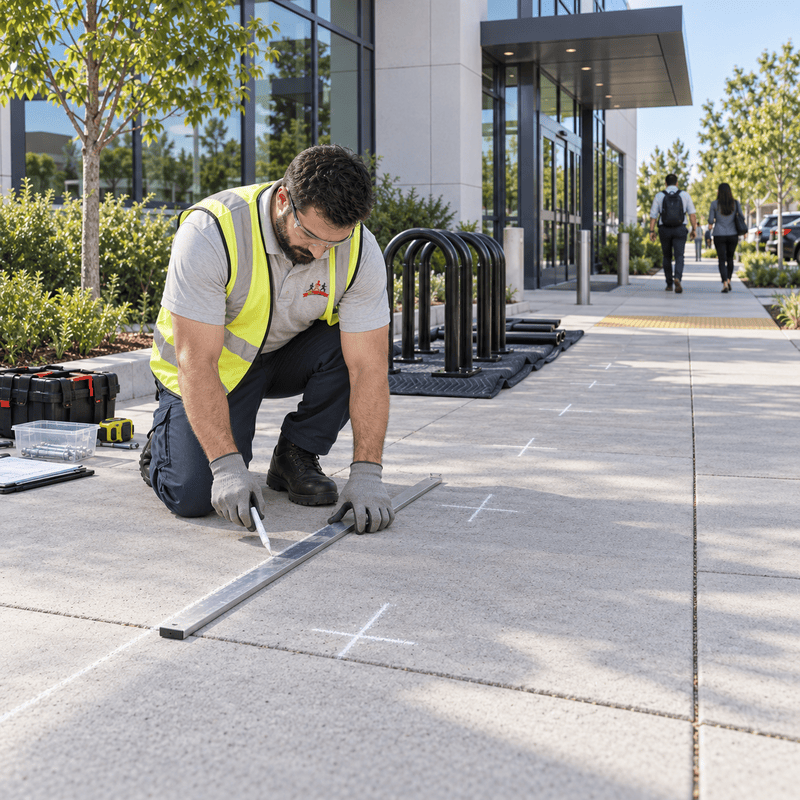 Worker in a safety vest marking pavement outside a modern building