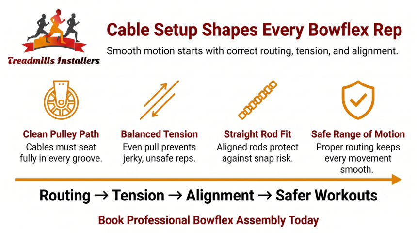Cable setup infographic showing routing, tension, alignment, and safe workouts with pulley and posture tips