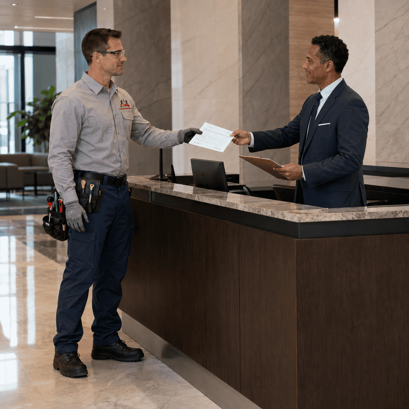 Two men exchange a document at a hotel front desk.