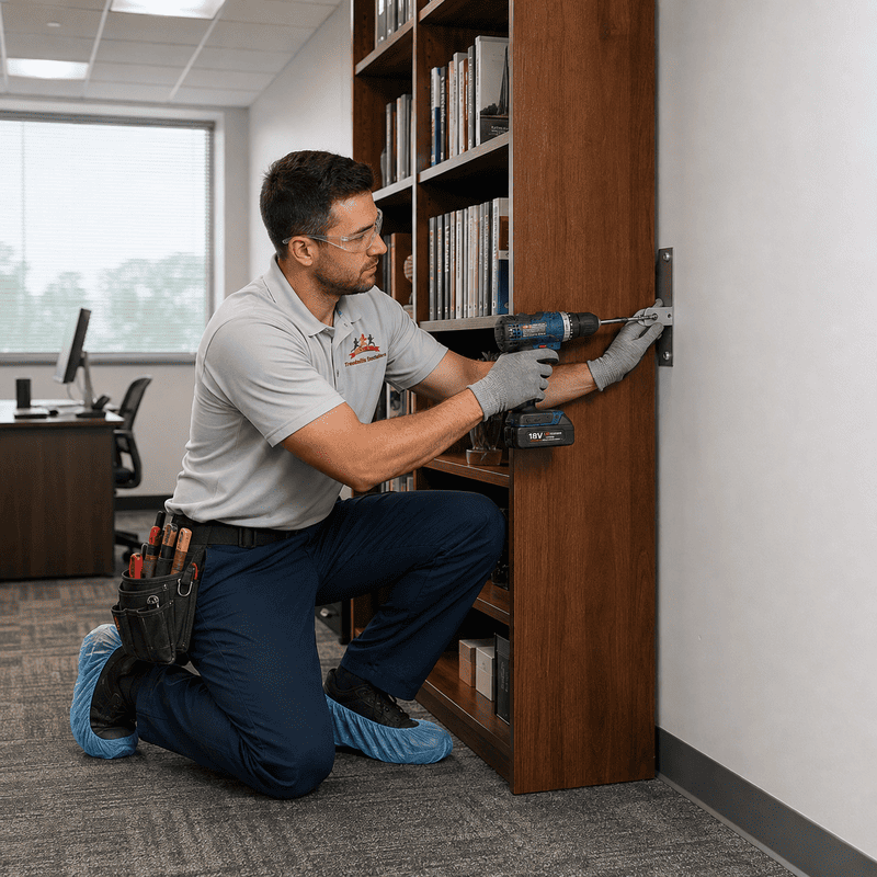Technician kneeling beside a bookshelf, using a power drill in an office.