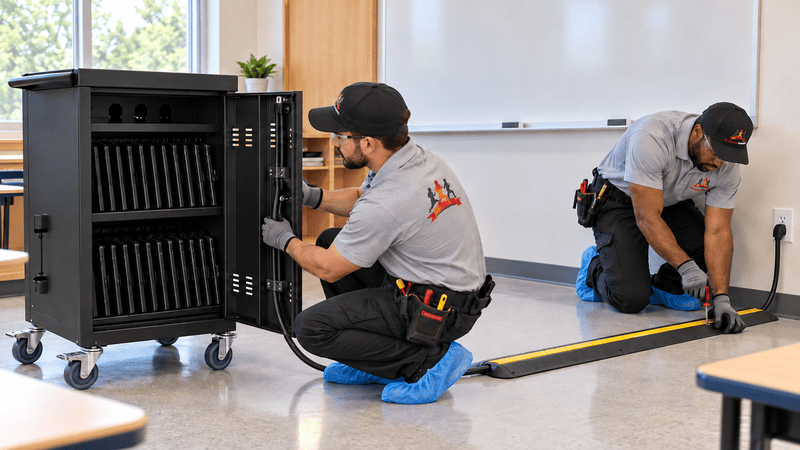 Two workers install a large black cabinet using measuring tape in a classroom-like room.