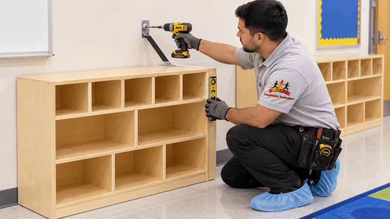Person using a drill to assemble a light wood storage shelf in a bright room.