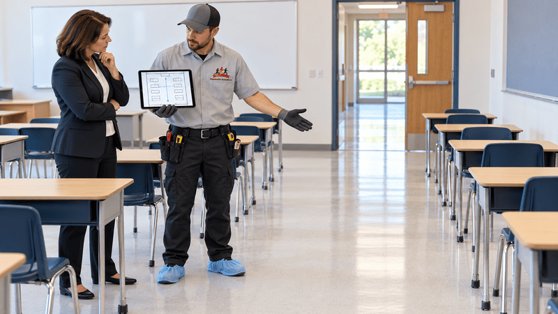 Two people in a classroom discussing a tablet, with desks and chairs lined up behind them.