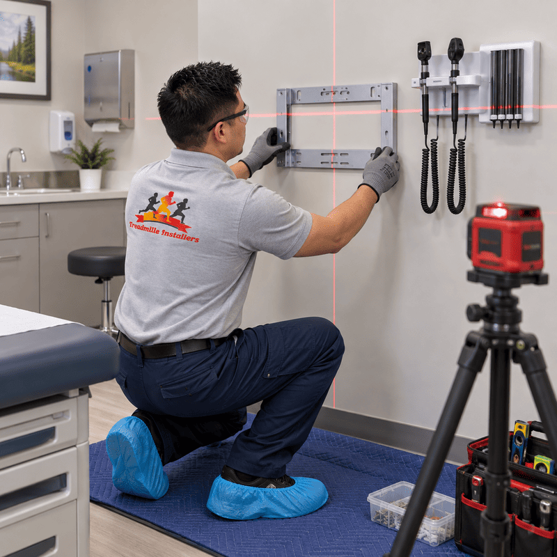 Technician kneels while measuring wall-mounted equipment in a clinic room, with tools and laser level nearby