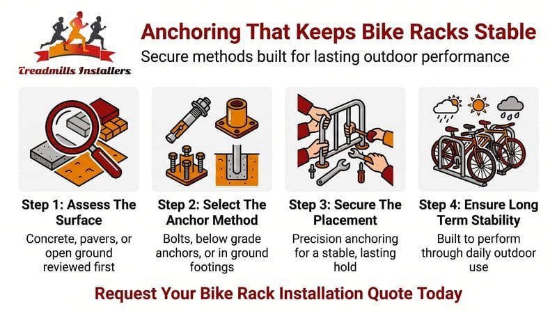 Infographic on bike rack installation with 4 steps and red headline: secure, stable outdoor performance.