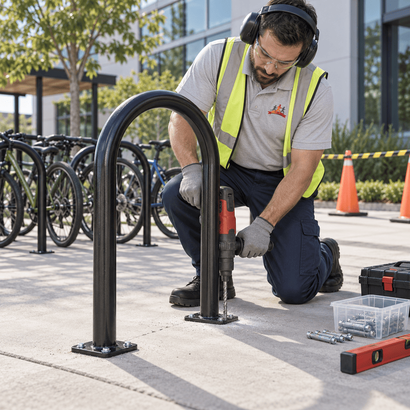 Worker installing a black bike rack outdoors with tools and a level on the ground