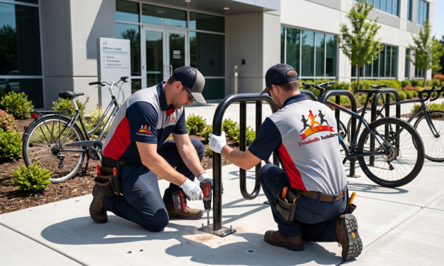 Two cyclists kneel by a bike rack outside a building, adjusting locks beside parked bicycles.