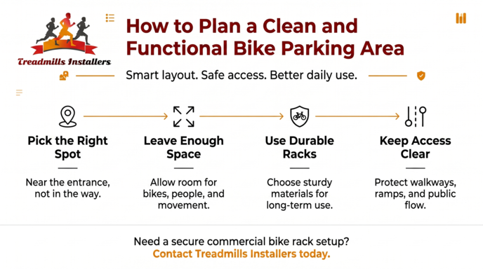 Infographic on clean, functional bike parking: pick right spot, leave space, use durable racks, keep access clear.