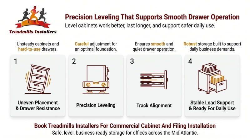 Banner for Precision Leveling, showing 4-step floor support installation with icons and product features.