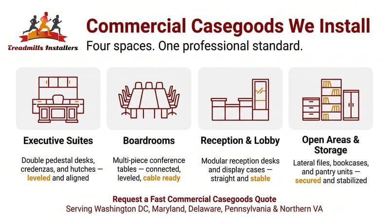 Commercial casegoods installation services ad with icons for executive suites, boardrooms, reception, and open areas