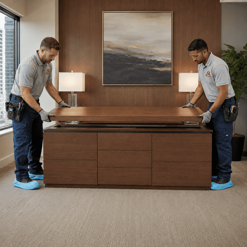 Two movers assembling a wooden cabinet in a hotel room with lamps and wall art.