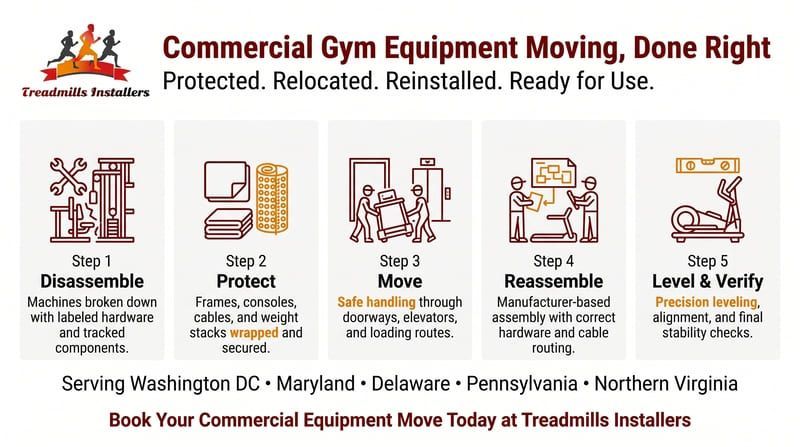 Commercial gym equipment moving ad with 5 service steps and a red logo on a white background