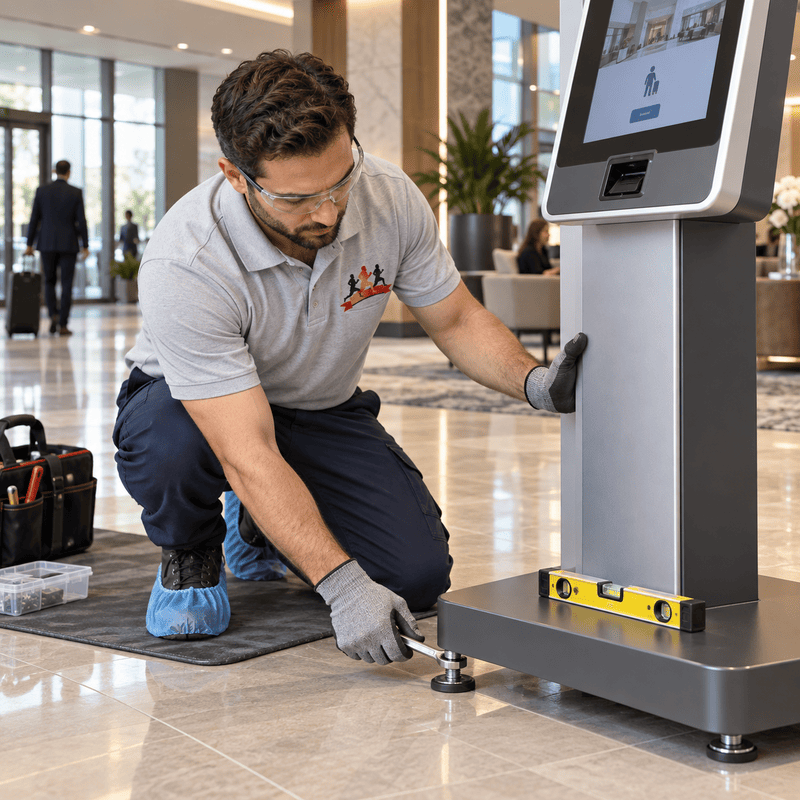 Technician leveling a touchscreen kiosk with a spirit level in a bright lobby